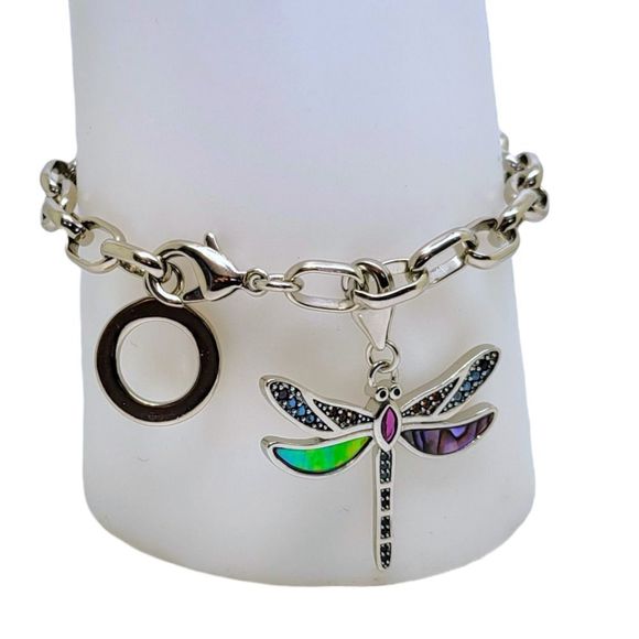 925 Sterling Silver Round Created Ruby Gemstone MOP Dragonfly Charm Bracelet 7" - Picture 5 of 9